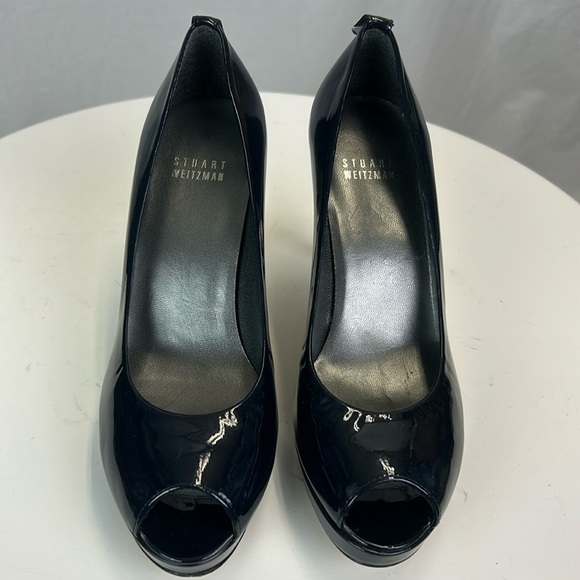 Stuart Weitzman Midnight Blue Patent Leather Peep Toe Stiletto Platform Pumps - Picture 3 of 12